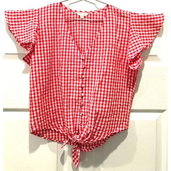 Sim‎ & Sam Women's Red Gingham Button Front Tie Waist Top Size Medium EUC!! - Picture 1 of 14